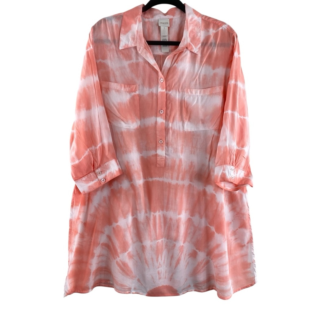 Chico's Size 3 (XL) Orange White 100% Modal Tie Dye Tunic Blouse‎ Cover Up